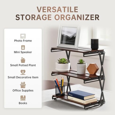 منظم أرفف المكتب 3 طبقات من الخشب المضغوط منظم مكتبي للتخزين بإطار معدني منظم أرفف المكتب، خشب الجوز in Kuwait