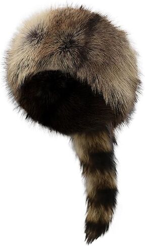 Faux Fur Raccoon Hat with Tail and Ears Faux Coonskin Cap Novelty Raccoon Tail Hat for Adult in Saudi Arabia