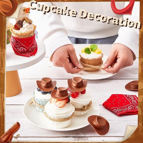 Leitee 20 Sets Mini Cowboy Hats for Crafts Plastic Tiny Cowgirl Hat with Bandannas for Western Cowboy Party Decoration in Kuwait