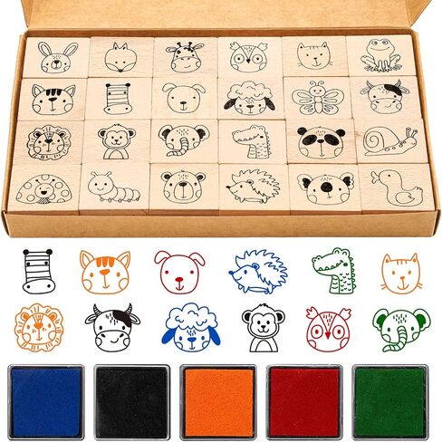 Whaline 29 Pcs Expression Wooden Rubber Stamps with Ink Pads Funny Cartoon Face Expression DIY Craft Stamps for Party Decor Scrapbooking Cards Making in Saudi Arabia