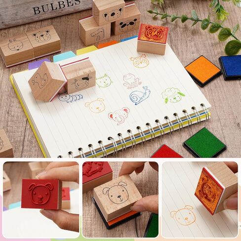 Whaline 29 Pcs Expression Wooden Rubber Stamps with Ink Pads Funny Cartoon Face Expression DIY Craft Stamps for Party Decor Scrapbooking Cards Making in Saudi Arabia