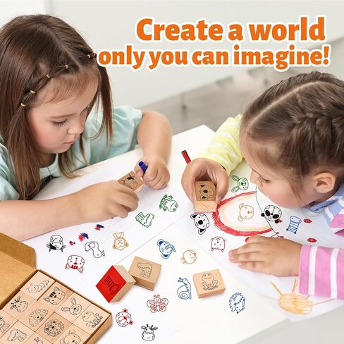 Whaline 29 Pcs Expression Wooden Rubber Stamps with Ink Pads Funny Cartoon Face Expression DIY Craft Stamps for Party Decor Scrapbooking Cards Making in Saudi Arabia