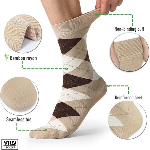 VRD SOCKS Bamboo Men’s Dress Socks, 5 Pairs Argyle Crew Socks, Moisture Wicking, Mens Mid-calf Socks, Mens Socks Size 8-13 in Saudi Arabia