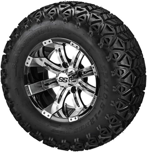 عربة RM - كازينو أسود غير لامع مقاس 12 بوصة على إطارات Black Trail II مقاس 23x10.50-12 (مجموعة من 4)، تناسب عربات Club Car وEZGo، وإطارات وعجلات عربة الجولف، ويمكن استخدامها على جزازات العشب ومركبات ATV in Kuwait
