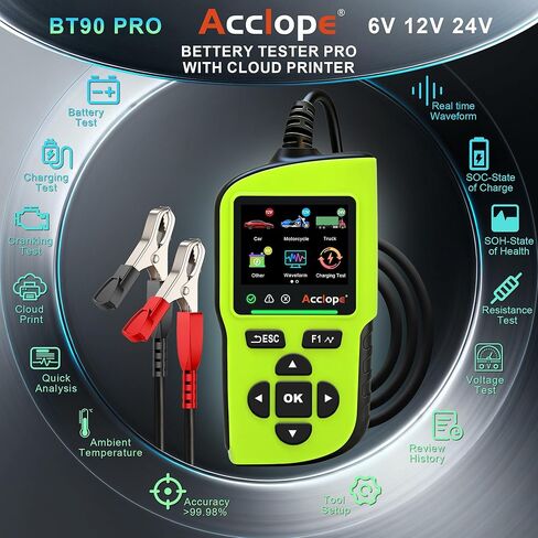جهاز اختبار بطارية BT90 PRO 2-360Ah مع طباعة سحابية، 30-3800 CCA، محلل رقمي 6V/12V/24V، SOH/SOC/Volt/Res/Cranking واختبار الشحن، درجة الحرارة المحيطة في الوقت الحقيقي، AGM/EFB/Gel/Li in Kuwait