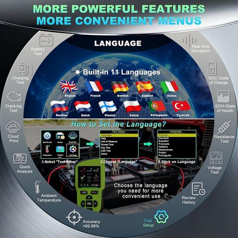 جهاز اختبار بطارية BT90 PRO 2-360Ah مع طباعة سحابية، 30-3800 CCA، محلل رقمي 6V/12V/24V، SOH/SOC/Volt/Res/Cranking واختبار الشحن، درجة الحرارة المحيطة في الوقت الحقيقي، AGM/EFB/Gel/Li in Kuwait