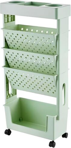 Mobile Standing Bookshelf Cart for Students Multi Purpose Magazine Shelf and Sundries Storage Unit with Rolling File Shelves for Office Green Color in Saudi Arabia