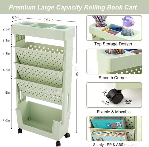 Mobile Standing Bookshelf Cart for Students Multi Purpose Magazine Shelf and Sundries Storage Unit with Rolling File Shelves for Office Green Color in Saudi Arabia