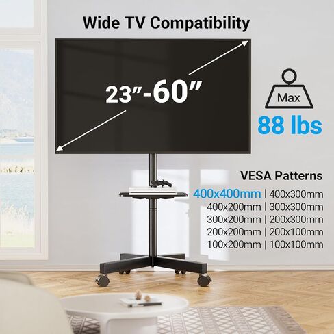 PERLESMITH Mobile TV Stand on Wheels for 32-75 Inch Flat/Curved Panel Screens TVs Height Adjustable Floor Trolley Stand Holds up to 99lbs Tilt Rolling TV Cart with Shelf Max VESA 600x400mm - PSTVMC03 in Kuwait