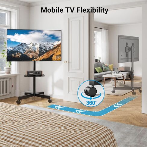 PERLESMITH Mobile TV Stand on Wheels for 32-75 Inch Flat/Curved Panel Screens TVs Height Adjustable Floor Trolley Stand Holds up to 99lbs Tilt Rolling TV Cart with Shelf Max VESA 600x400mm - PSTVMC03 in Kuwait