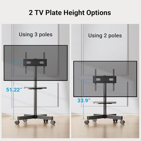 PERLESMITH Mobile TV Stand on Wheels for 32-75 Inch Flat/Curved Panel Screens TVs Height Adjustable Floor Trolley Stand Holds up to 99lbs Tilt Rolling TV Cart with Shelf Max VESA 600x400mm - PSTVMC03 in Kuwait