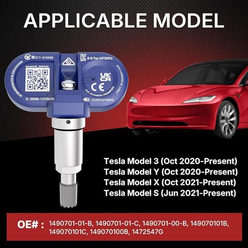 جهاز استشعار TPMS بلوتوث مطور من Richeer لعام 2020-2025 موديل 3، موديل Y، موديل S، موديل X، 4 عبوات استبدال مستشعر مراقبة ضغط الإطارات OE # 1490701-00-B، 1490701-01-B، 1490701-01-C in Kuwait