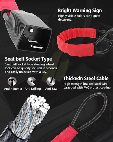 2025 Upgraded car Steering Wheel Lock, seat Belt Lock, and Anti-Theft Device, Maximum Length 17 inches, 3 Keys, Multi-Functional, Suitable for Most Vehicles, SUVs, and Golf cart Security (red). in Kuwait