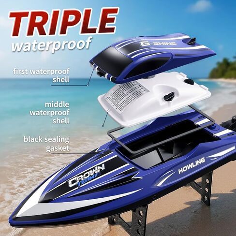 قارب تحكم عن بعد للأطفال والكبار، قارب RC مقاوم للماء عالي السرعة 35 كم/ساعة مع جهاز تحكم عن بعد 2.4 جيجا هرتز، أضواء LED، قلب تلقائي، تبريد الماء، بطارية منخفضة ومنبه خارج النطاق، بطاريتان لسباقات حمام السباحة والبحيرة in Kuwait