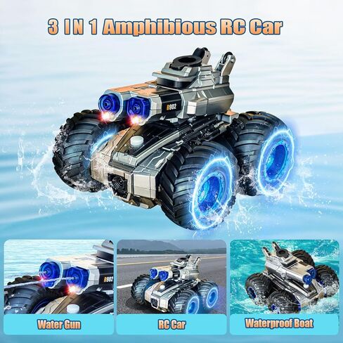 Remote Control Car, Amphibious Monster Truck Toys, RC Boat with Water Gun, Gesture Sensing RC Stunt Car for 120 Mins Play, Remote Control Boat for Kids 6 7 8 9 10 11 12+ Year Birthday in Saudi Arabia