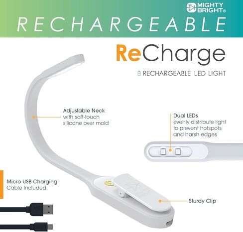 The Original Mighty Bright Recharge Clip On Rechargeable Book Light Reading Light, Warm Eye Care LEDs, Flexible, Durable, Dimmable, Perfect for Kids, Bookworms, Reading in Bed, Lasts 60 Hours (White) in Saudi Arabia