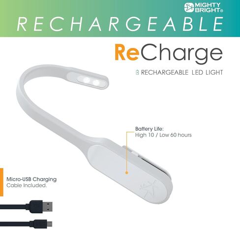 The Original Mighty Bright Recharge Clip On Rechargeable Book Light Reading Light, Warm Eye Care LEDs, Flexible, Durable, Dimmable, Perfect for Kids, Bookworms, Reading in Bed, Lasts 60 Hours (White) in Saudi Arabia