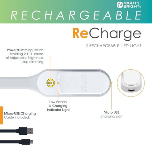 The Original Mighty Bright Recharge Clip On Rechargeable Book Light Reading Light, Warm Eye Care LEDs, Flexible, Durable, Dimmable, Perfect for Kids, Bookworms, Reading in Bed, Lasts 60 Hours (White) in Saudi Arabia