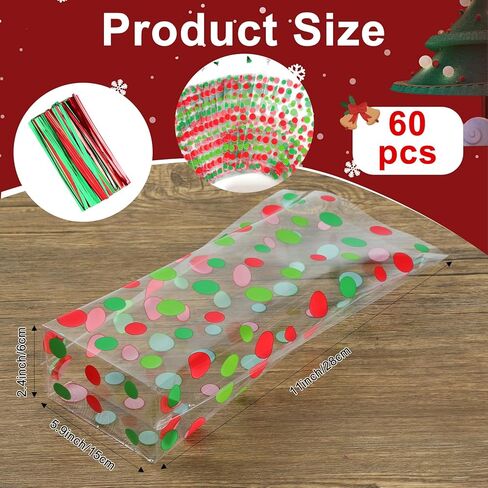 Christmas Treat Bags, 60 PCS Flat Bottom Christmas Cellophane Bags, 6"X11" Clear Cellophane Treat Bag, Plastic Candy Cookie Goodie Gift Bag with Twist Tie for Xmas Wedding Holiday Party Favor Supplies in Kuwait