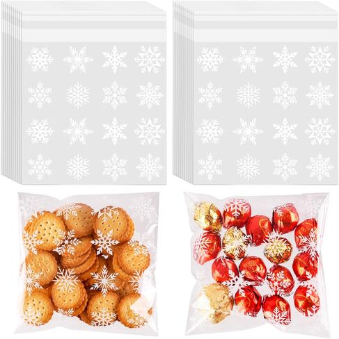 CUDICY Snowflake Cellophane Cookie Bags 200pcs ChristmasTreat Bags 5.5x5.5 Self Sealing for Gift Giving Packaging Candy Goodie Holiday Bakery White in Saudi Arabia
