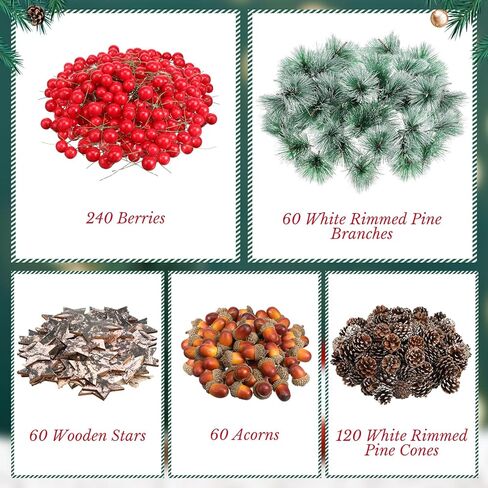 432 Pcs Christmas Artificial Pine Cone Red Berry Set Christmas Wreath Making Decoration Pine Branches Acorns Wooden Stars for Xmas Tree Ornament Supplies Winter Home Party DIY Crafts Holiday in Saudi Arabia