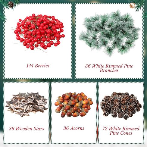 432 Pcs Christmas Artificial Pine Cone Red Berry Set Christmas Wreath Making Decoration Pine Branches Acorns Wooden Stars for Xmas Tree Ornament Supplies Winter Home Party DIY Crafts Holiday in Saudi Arabia