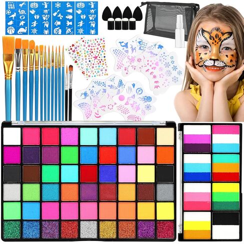 54 Colors Face Painting Kit for Kids,18 Colors Split Cake Water Activated Face Paint Palette, Body Paint for Adults, Non Toxic Makeup Professional for Halloween,Christmas,Cosplay,Parties, Birthdays in Saudi Arabia