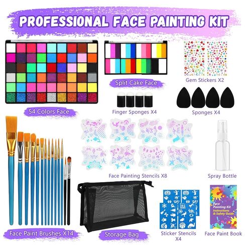 54 Colors Face Painting Kit for Kids,18 Colors Split Cake Water Activated Face Paint Palette, Body Paint for Adults, Non Toxic Makeup Professional for Halloween,Christmas,Cosplay,Parties, Birthdays in Saudi Arabia