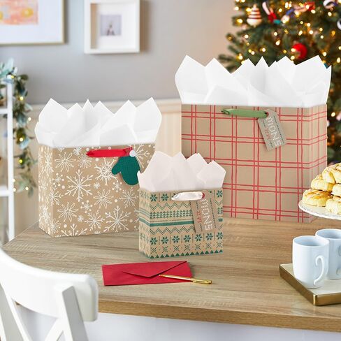 Hallmark Holiday Kraft Gift Bags with Gift Tags (8 Horizontal Bags, 8 Tags: Snowflakes, Mittens, Let It Snow) in Saudi Arabia