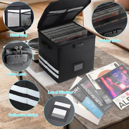 2 Pcs Vinyl Record Storage Box with Lock, Fireproof Water Resistant 13 Inch Record Organizer Storage Hold 100+ 12" Vinyl Albums Crate with Lid Handles Record Collection File Holder Box Collapsible in Saudi Arabia