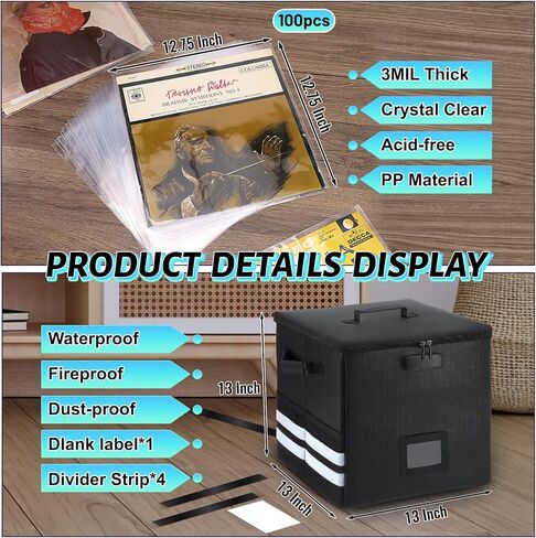 2 Pcs Vinyl Record Storage Box with Lock, Fireproof Water Resistant 13 Inch Record Organizer Storage Hold 100+ 12" Vinyl Albums Crate with Lid Handles Record Collection File Holder Box Collapsible in Saudi Arabia