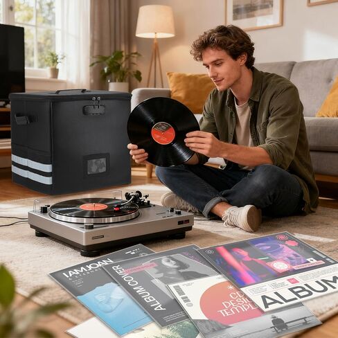 2 Pcs Vinyl Record Storage Box with Lock, Fireproof Water Resistant 13 Inch Record Organizer Storage Hold 100+ 12" Vinyl Albums Crate with Lid Handles Record Collection File Holder Box Collapsible in Saudi Arabia