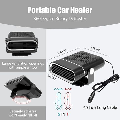 12V Portable Car Heaters for Vehicle, Car Heater and Windshield Defroster and Demister Features Heating Cooling and Air Purification Functions,360° Rotating Cigarette Lighter Port Car Heater - Black in Saudi Arabia