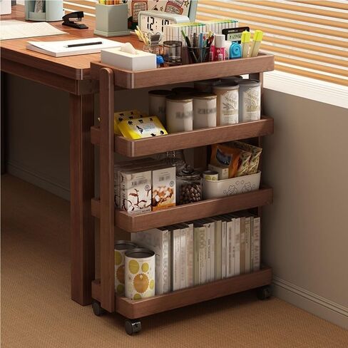 Solid Wood Rolling Cart,4-Layer with Wheels 110LBS Heavy Duty,Snack/Book Storage,Floor-Standing for Bedroom Living Room(Natural,60cm-23.6in) in Saudi Arabia