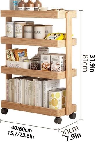 Solid Wood Rolling Cart,4-Layer with Wheels 110LBS Heavy Duty,Snack/Book Storage,Floor-Standing for Bedroom Living Room(Natural,60cm-23.6in) in Saudi Arabia