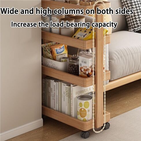Solid Wood Rolling Cart,4-Layer with Wheels 110LBS Heavy Duty,Snack/Book Storage,Floor-Standing for Bedroom Living Room(Natural,60cm-23.6in) in Saudi Arabia
