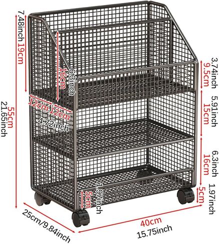 Rolling File Cart with Wheels Storage Rack Holder Convenient Mobile Bookshelf Multipurpose for Kitchen Office Bathroom Dorm, Black 3 Layer in Saudi Arabia