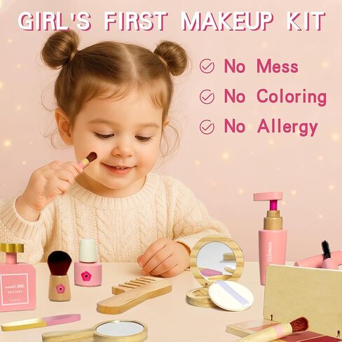 Wooden Pretend Makeup Toy Set for Girls, Realistic Cosmetic Kit with Lipstick & Mirror, Pretend Play Gift for Toddlers & Kids Ages 3-8 in Saudi Arabia