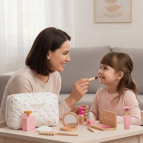 Wooden Pretend Makeup Toy Set for Girls, Realistic Cosmetic Kit with Lipstick & Mirror, Pretend Play Gift for Toddlers & Kids Ages 3-8 in Saudi Arabia
