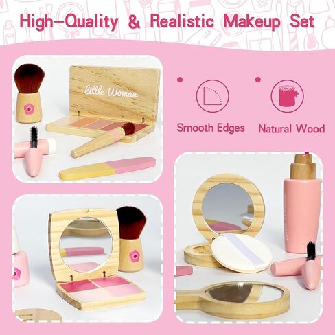 Wooden Pretend Makeup Toy Set for Girls, Realistic Cosmetic Kit with Lipstick & Mirror, Pretend Play Gift for Toddlers & Kids Ages 3-8 in Saudi Arabia