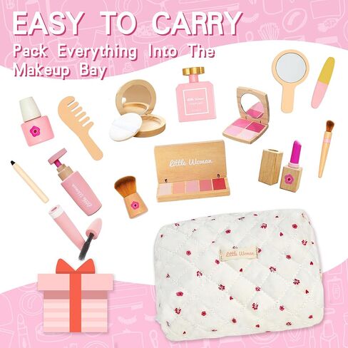 Wooden Pretend Makeup Toy Set for Girls, Realistic Cosmetic Kit with Lipstick & Mirror, Pretend Play Gift for Toddlers & Kids Ages 3-8 in Saudi Arabia