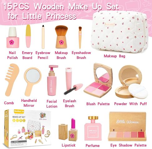 Wooden Pretend Makeup Toy Set for Girls, Realistic Cosmetic Kit with Lipstick & Mirror, Pretend Play Gift for Toddlers & Kids Ages 3-8 in Saudi Arabia