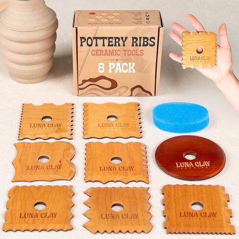 Pottery Ribs Tool Set | 13 Pack - Ceramic Tools for Pottery, Kiln-Dried Cherry Wood (None-Warping), Pottery Wheel Tools for Trimming, Comfortable Hold, Home or Studio Use, Sponge Included in Saudi Arabia