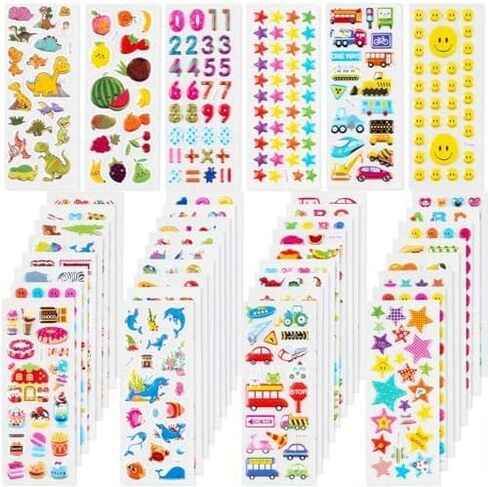 40 Sheets Puffy Stickers, 800pcs+ Stickers for Scrapbooking Including Animals, Fruits, Dinosaurs, Hearts, Cats, Fish, Cars, Space and More, Ideal for Holiday Party Favors in Saudi Arabia