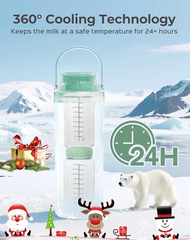 Xaproo 22oz Breast Milk Cooler Bottle, Portable Milk Cooler for Breastmilk with 360°Cooling for 24 Hours, Millk Chiller with 2pcs Baby Bottles, Breastmilk Storage Bags for Baby, BPA-Free (Green) in Saudi Arabia