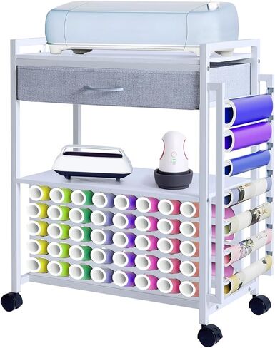 Rolling Craft Storage Cart for CraftMaster Machines – Includes Fabric Drawer, Hooks, 47 Vinyl Roll Holders – Mobile Sewing & Craft Table Workstation – White in Saudi Arabia
