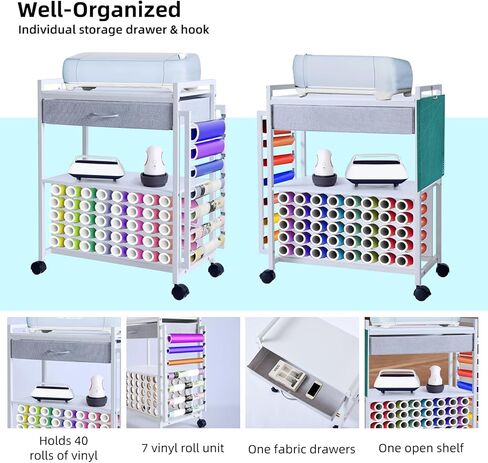 Rolling Craft Storage Cart for CraftMaster Machines – Includes Fabric Drawer, Hooks, 47 Vinyl Roll Holders – Mobile Sewing & Craft Table Workstation – White in Saudi Arabia