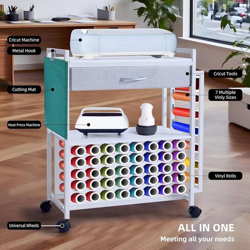 Rolling Craft Storage Cart for CraftMaster Machines – Includes Fabric Drawer, Hooks, 47 Vinyl Roll Holders – Mobile Sewing & Craft Table Workstation – White in Saudi Arabia