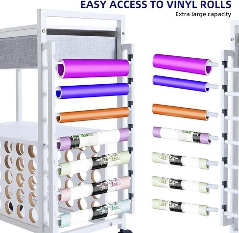 Rolling Craft Storage Cart for CraftMaster Machines – Includes Fabric Drawer, Hooks, 47 Vinyl Roll Holders – Mobile Sewing & Craft Table Workstation – White in Saudi Arabia