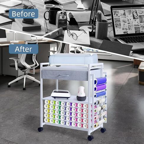 Rolling Craft Storage Cart for CraftMaster Machines – Includes Fabric Drawer, Hooks, 47 Vinyl Roll Holders – Mobile Sewing & Craft Table Workstation – White in Saudi Arabia